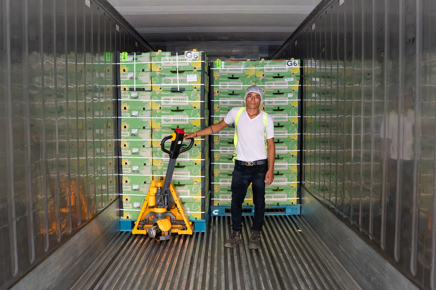 Pallets de cajas de banano dentro de un contenedor refrigerado